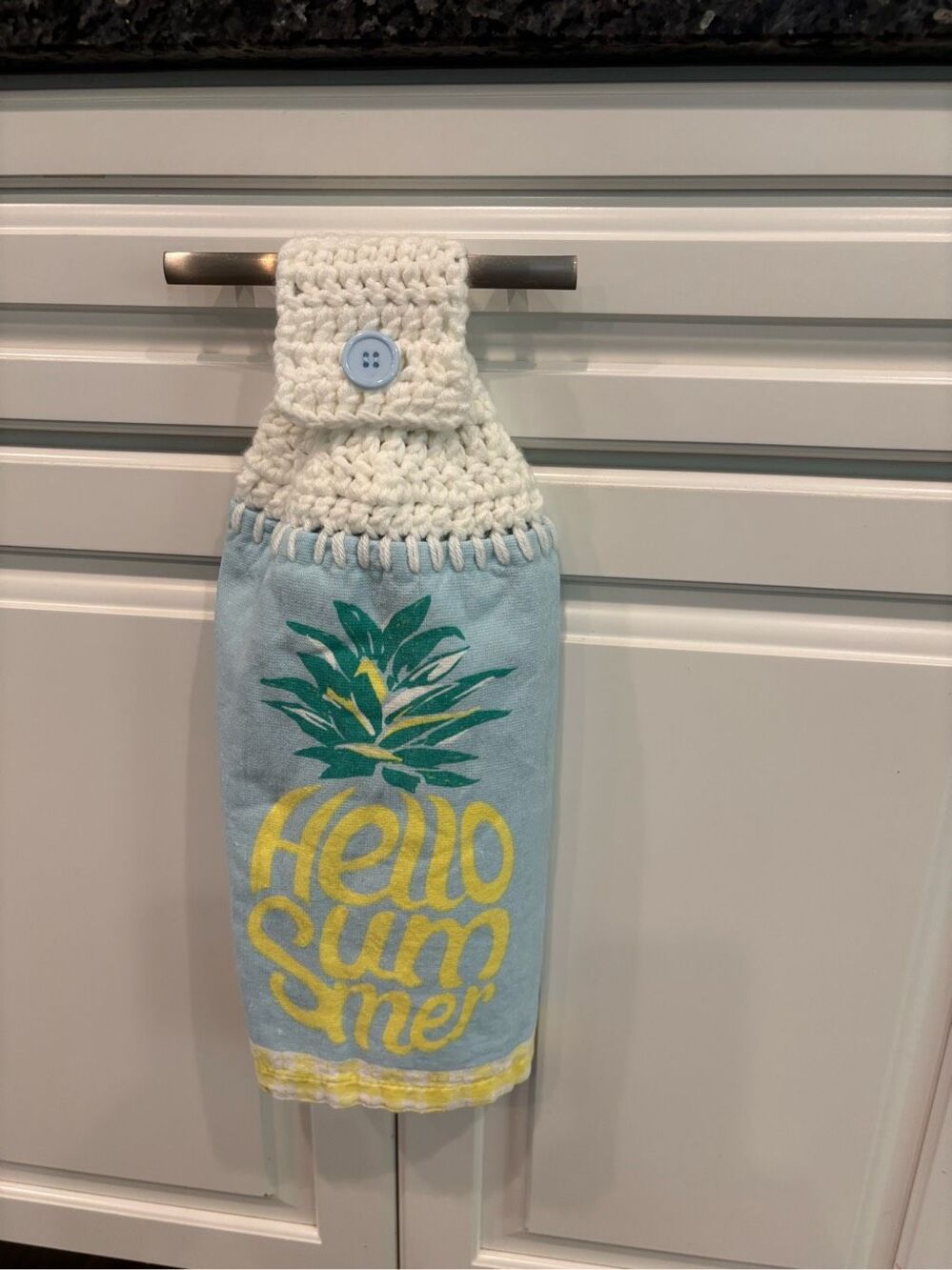 Crochet Top Kitchen Towel- Hello Summer-Blue towel